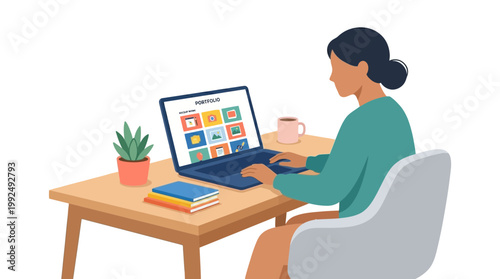 A woman uses her laptop for online business workflow at home