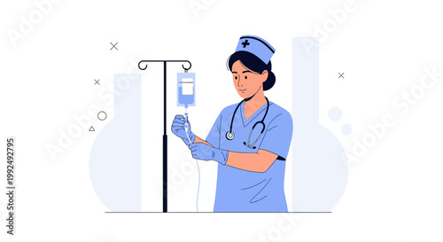 Nurse Preparing IV Drip Infusion, Medical Care, Healthcare Illustration