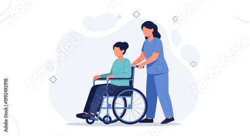 Nurse pushing patient in wheelchair, healthcare assistance, medical care, support