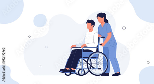 Nurse pushing patient in wheelchair, healthcare concept, medical assistance, caregiving
