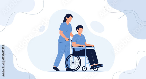 Nurse pushing patient in wheelchair, medical care, healthcare, support, assistance
