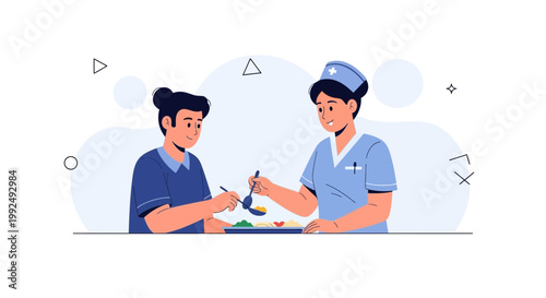 Nurse serving food to patient, healthcare, medical assistance, hospital meal