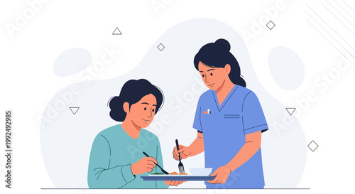 Nurse serving food to patient, healthcare, medical assistance, caregiving, hospital meal
