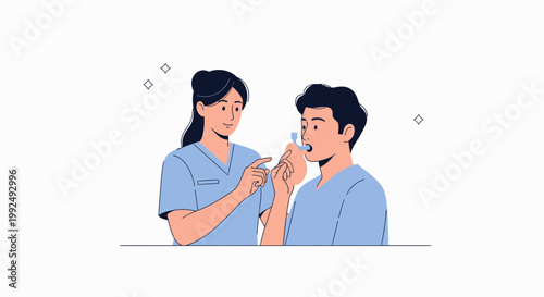 Nurse showing patient how to use inhaler for asthma treatment, medical illustration