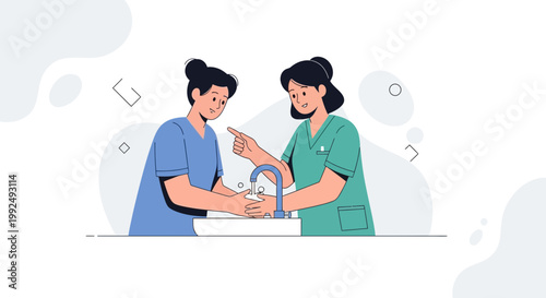 Nurse teaching patient handwashing technique at sink for hygiene and infection control
