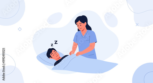 Nurse Tucking In Sleeping Patient, Healthcare and Care Concept