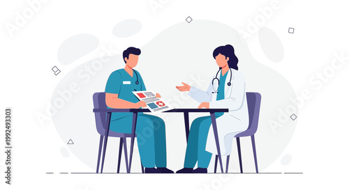 Doctors discussing medical report at a table, healthcare professionals collaborating
