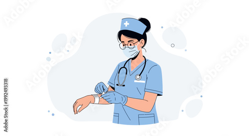 Nurse in blue uniform with stethoscope, mask, and glasses, checking smartwatch