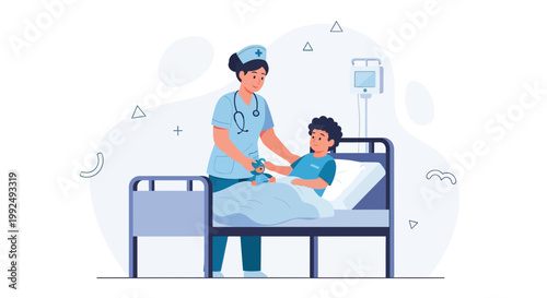 Nurse comforting child patient in hospital bed with teddy bear and IV drip