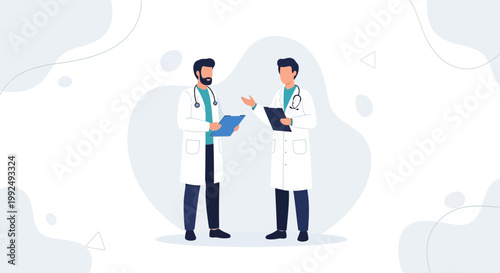 Two doctors discussing medical reports, modern flat illustration, healthcare concept