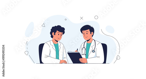 Two doctors discussing medical case, writing notes on clipboard, modern illustration