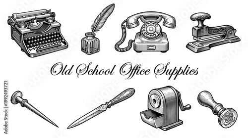 Vintage Office Supplies Vector Illustration Set in Engraving Style with Typewriter, Rotary Phone, Quill, and Stationery