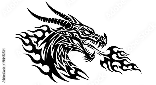 Fierce Tribal Dragon Head with Flames Tattoo Design.
