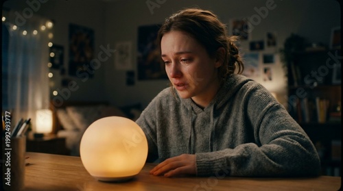 Woman looking at glowing orb.