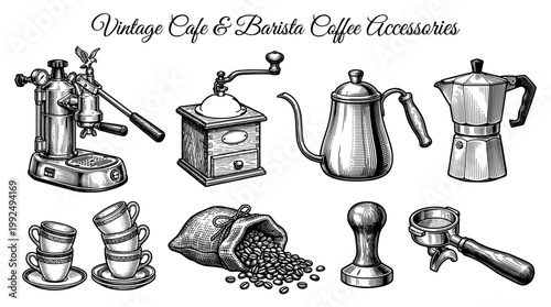Vintage Coffee Brewing Equipment and Barista Accessories Set in Engraving Style