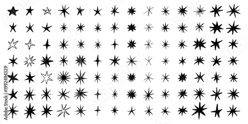 Star draw icon with paint element pattern and snowflake starburst doodle. Hand crayon figure with burst scrapbook magic and spark drawn comic. Set twinkle brush with glint line texture.