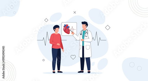 Doctor explaining heart health to patient with ECG and heart diagram