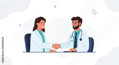 Two doctors shaking hands, representing partnership and medical agreement