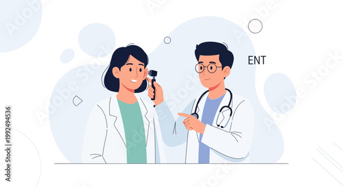 ENT Doctor Examining Patient's Ear with Otoscope - Medical Illustration