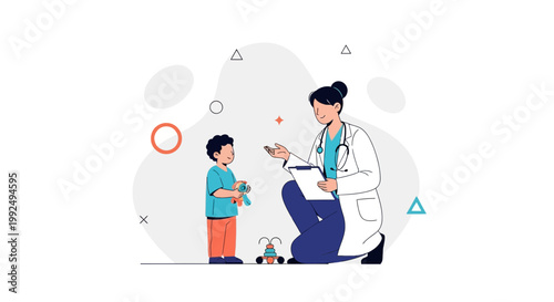 Doctor examining a child patient, cartoon illustration