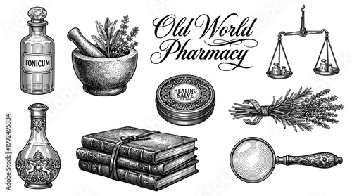 Old World Pharmacy Vintage Apothecary Vector Illustration Set featuring Mortar and Pestle, Herbal Medicine Bottles, Antique Scales, Magnifying Glass, and Old Books in Engraved Style.
