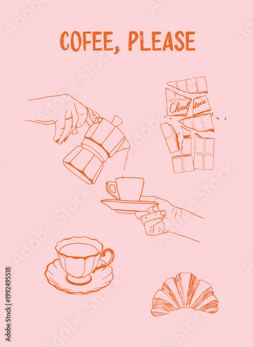 Set of coffee and desserts doodle illustrations. Filled coffee pot, croissant, hot coffee. Doodle collection. For greeting cards, restaurant menu, poster design, logo design, background, branding
