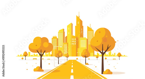 Urban landscape with modern skyscrapers and autumn trees on a road leading to city