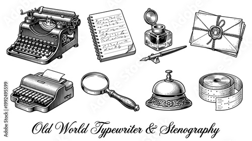 Vintage Writing and Stenography Equipment Vector Illustration Set, Engraved Retro Typewriter, Inkwell, Shorthand Notepad, and Desk Bell Icons