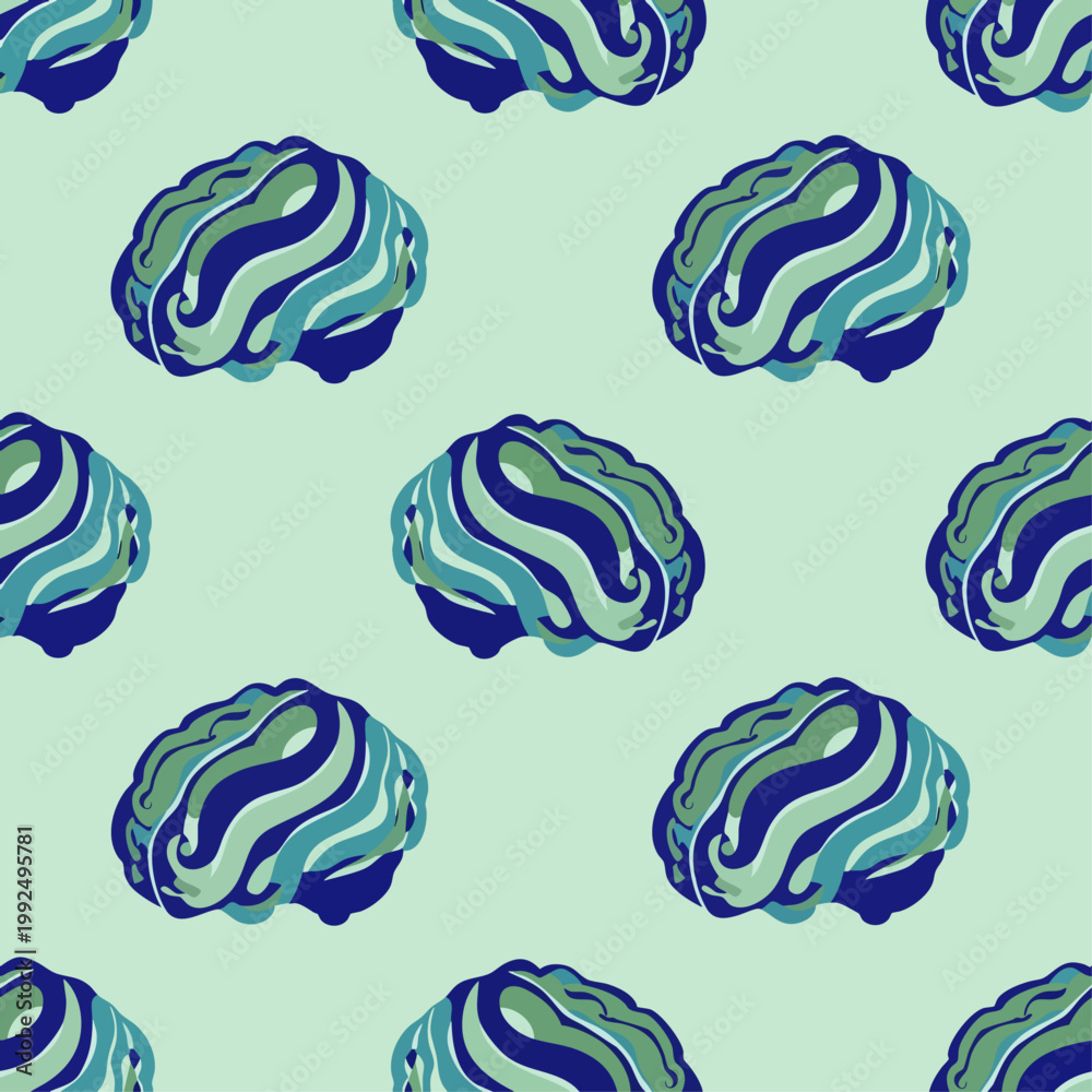 Obraz premium Seamless pattern of stylized brains in shades of blue and green on a light green background, representing intelligence and learning