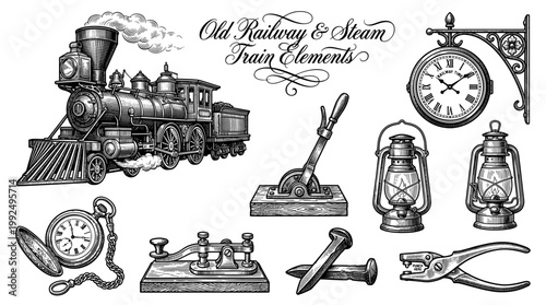 Vintage Railway and Steam Train Elements Set with Locomotive, Station Clock, Lanterns, and Telegraph Key in Engraving Style