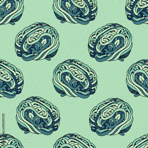 Seamless pattern of abstract brain illustration in blue and green tones on a light green background, representing science and thought.