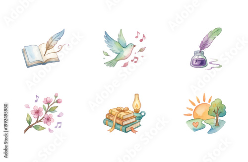 Watercolor poetry icons set with quill ink book and nature elements