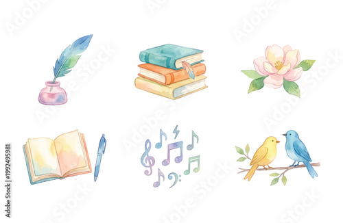 Watercolor Poetry and Literature Icon Set on White Background