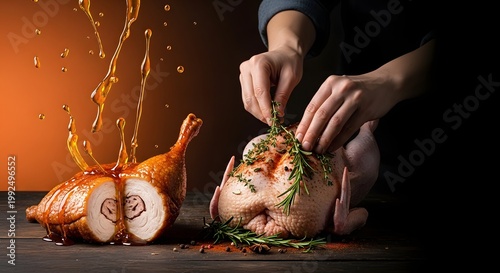 Hands seasoning stuffed whole chicken beside sliced roasted chicken with zesty orange sauce