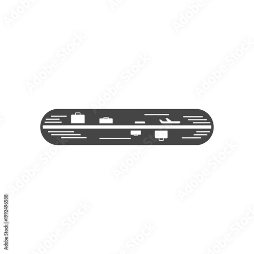 Minimalist depiction of an airport baggage claim carousel with luggage and a plane silhouette, symbolizing travel and logistics