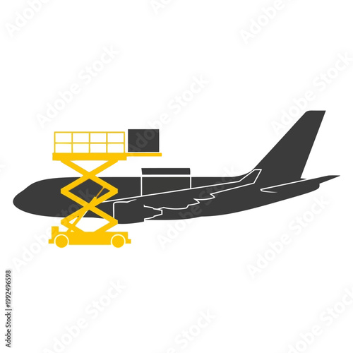 Simple graphic depicting an aircraft being loaded with cargo by a scissor lift, illustrating efficient air freight handling and global logistics operations, perfect for transportation design