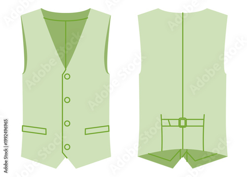 Green tailored vest with front button closure back belt detail creating fitted waist silhouette structured shaping clean contour lines. Technical fashion illustration in flat color, front back views