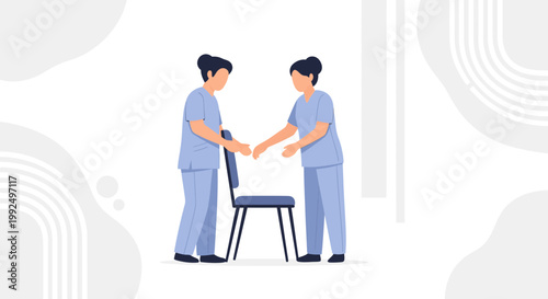 Nurses Assisting Patient with Chair, Healthcare Support, Medical Care