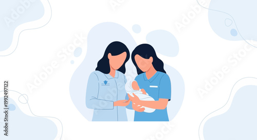 Nurses Caring for Newborn Baby, Medical Professionals with Infant, Healthcare Teamwork