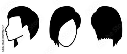 Asymmetric cut hairstyle silhouette front profile back view, uneven hair shape angled structure simple outline for icon, avatar, logo, minimal beauty, fashion graphic 