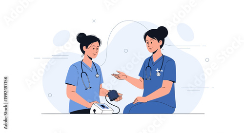 Nurses checking blood pressure, medical illustration, healthcare concept