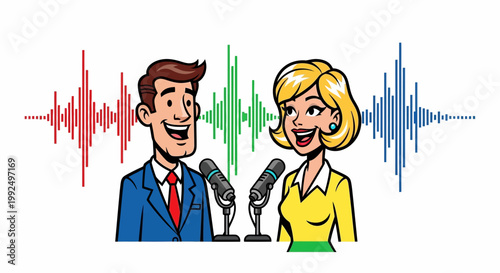 Cartoon illustration of smiling radio hosts.