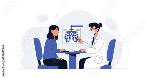 Optometrist examining patient's eyes with eye chart and phoropter in clinic