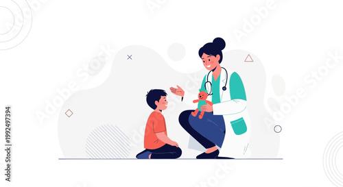 Pediatrician comforting a child with a teddy bear, healthcare concept illustration