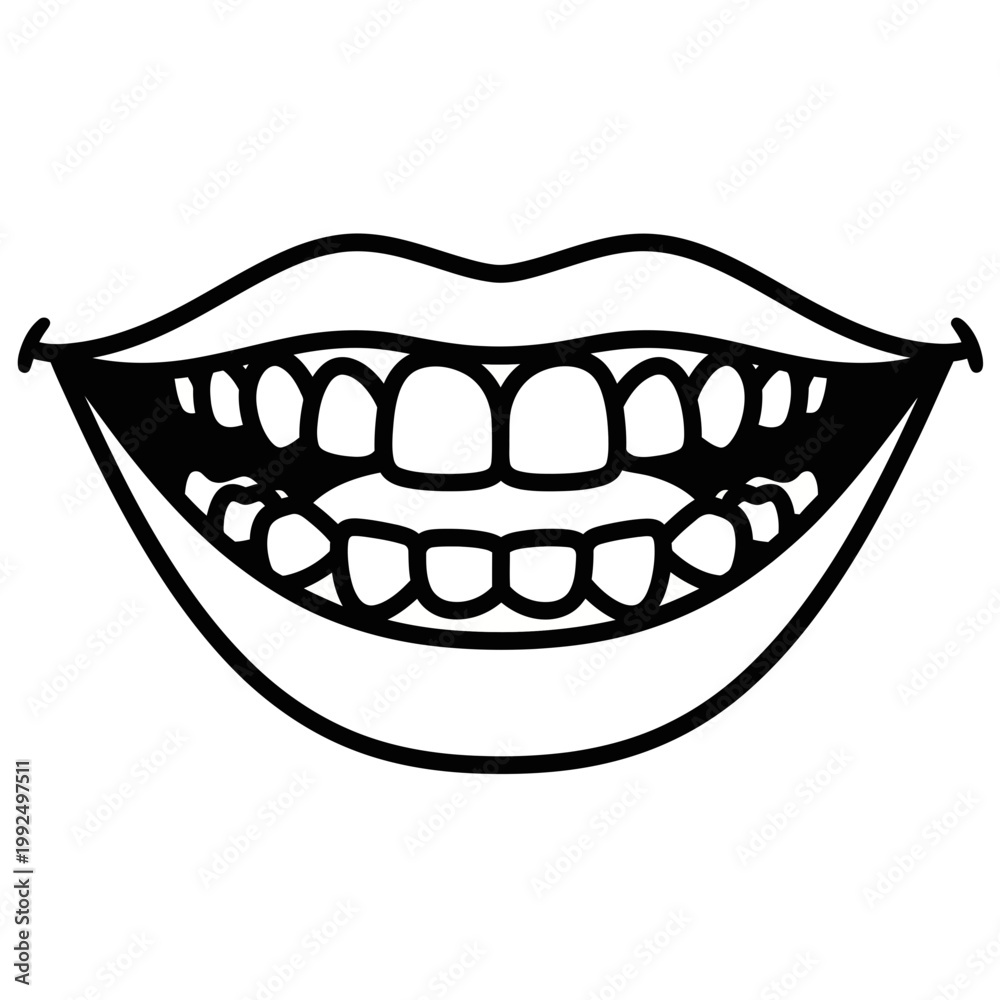 Obraz premium Open Mouth Showing Healthy White Teeth and Gums, Line Art Illustration
