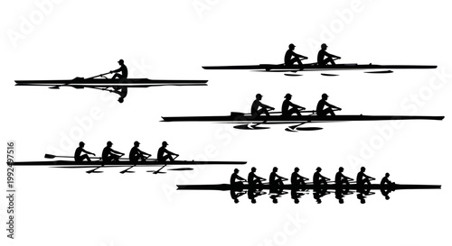 Rowing boats and crews silhouettes on water, competitive sport