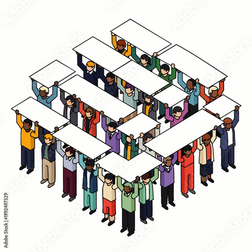 Diverse group of people holding blank signs in isometric perspective, symbolizing unity, protest, or information sharing