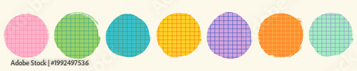 Round colorful vector shapes in bright colors with grid pattern, text box circles graphic design elements for scrapbook and package design