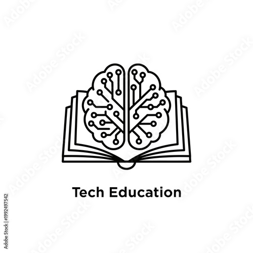 Open Book with Brain Circuit Board, "Tech Education" Text, Digital Learning Concept in Bright Studio