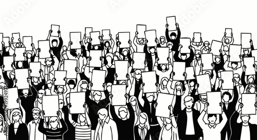 Large diverse crowd holding blank signs high, symbolizing protest, demonstration, unity, and the collective power of voice for social change and activism.